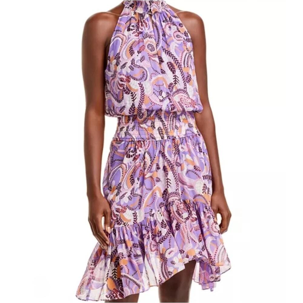A.L.C. Cody Paisley Purple Sleeveless Ruffled Midi Silk Dress Size 2 XS Highneck